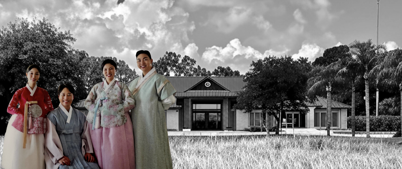 The Chung family in traditional Korean hanbok in front of the Martial Arts Temple