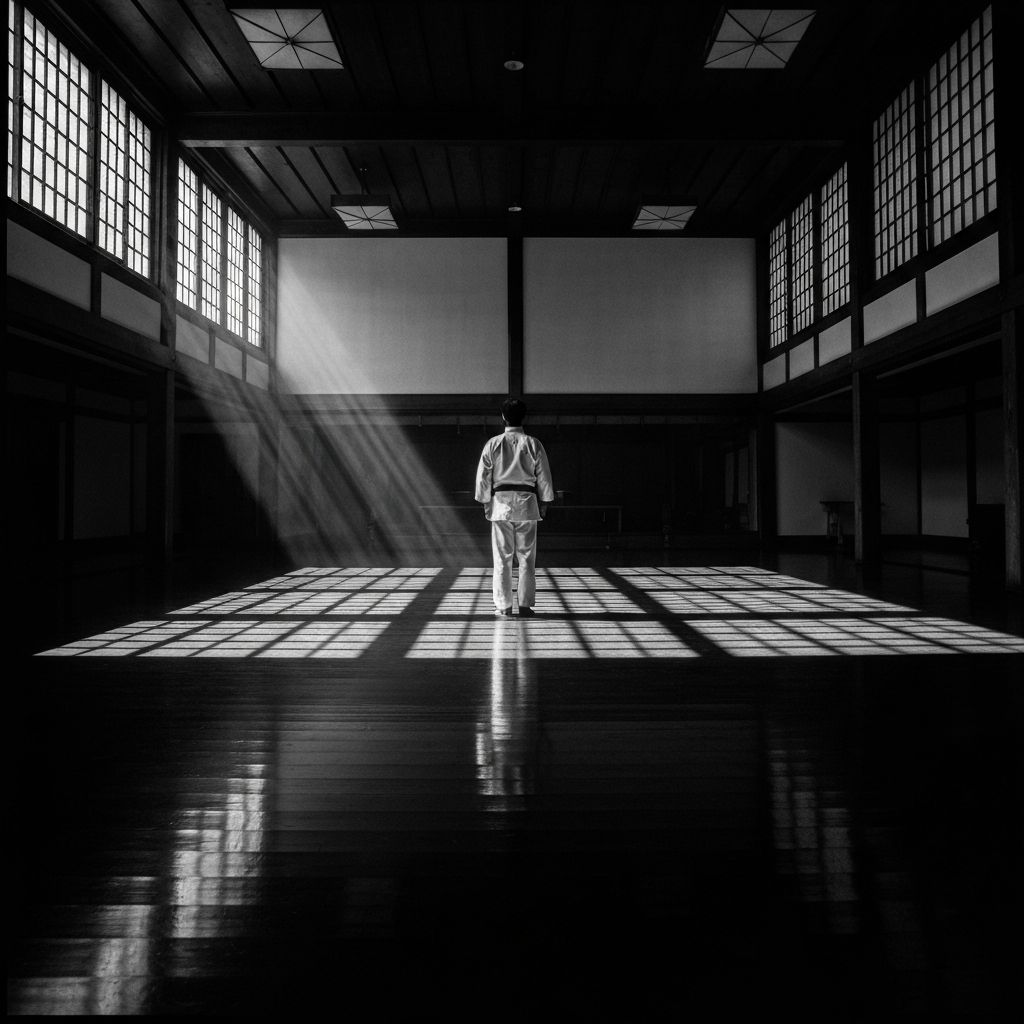 A sacred martial arts dojo with dramatic lighting